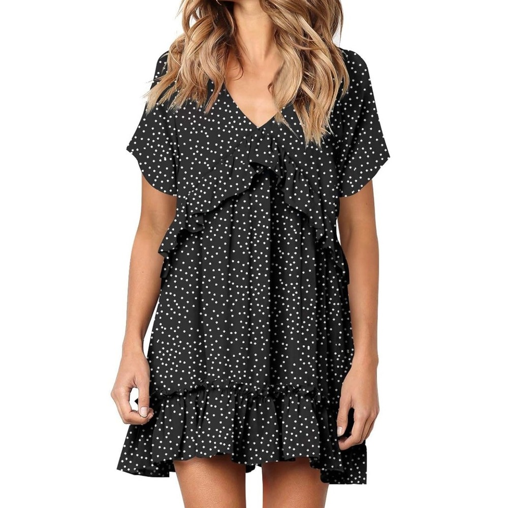 NWOT Black Polka Dot Ruffle Dress Small Short Sleeve Tiered Hem V Neck Flowy Fit